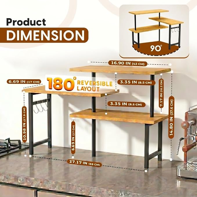 3-Tier Bamboo Corner Organizer Countertop Shelf | Extended top shelf, coffee bar organizer, kitchen counter corner shelf, bathroom vanity, spice rack, space saving bamboo