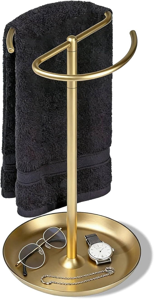 Hand Towel Holder Countertop with Storage Tray Weighted (Brushed Gold) | heavier base | electroplated for a lasting shine | bathroom organizer | storage tray for watch, necklaces, glasses, earring