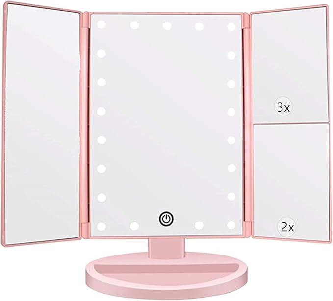 Flymiro Tri-fold Lighted Vanity Makeup Mirror with 3x/2x Magnification,Light up Mirror for Makeup,Touch Screen 21 LEDs,180° Rotation Countertop Cosmetic Mirror,Gifts for Women Mom Teen Girls