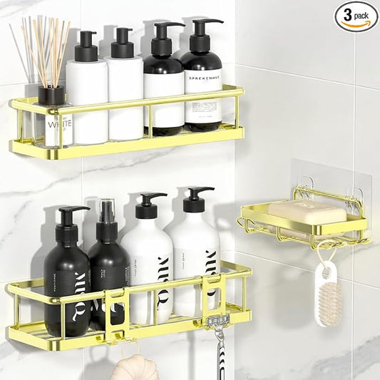 Shower Caddy Adhesive, Rustproof Shower Organizer with Soap Holder, Large Capacity Shower Shelves for Inside Shower, No Drilling Bathroom Organizers and Storage for Home Decor（3 Pack Gold）