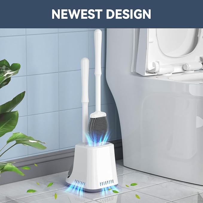 Unique Toilet Plunger and Brush, Silicone Brush and Heavy Duty Toilet Plunger Set with Ventilated Holder, 2-in-1 Toilet Brush and Plunger Combo for Bathroom Cleaning-New Pack (White)