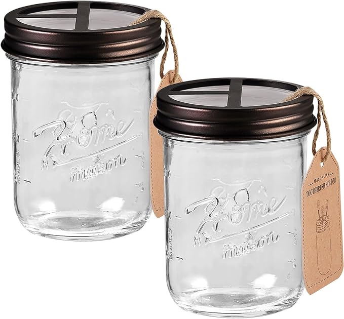 Sheechung Mason Jar Toothbrush Holders, Glass Toothbrush Holders for Bathrooms, Electric Toothbrush Toothpaste Holder Bronze, Bathroom Organizers and Storage, Bathroom Essential, Farmhouse Decor, 2Pcs
