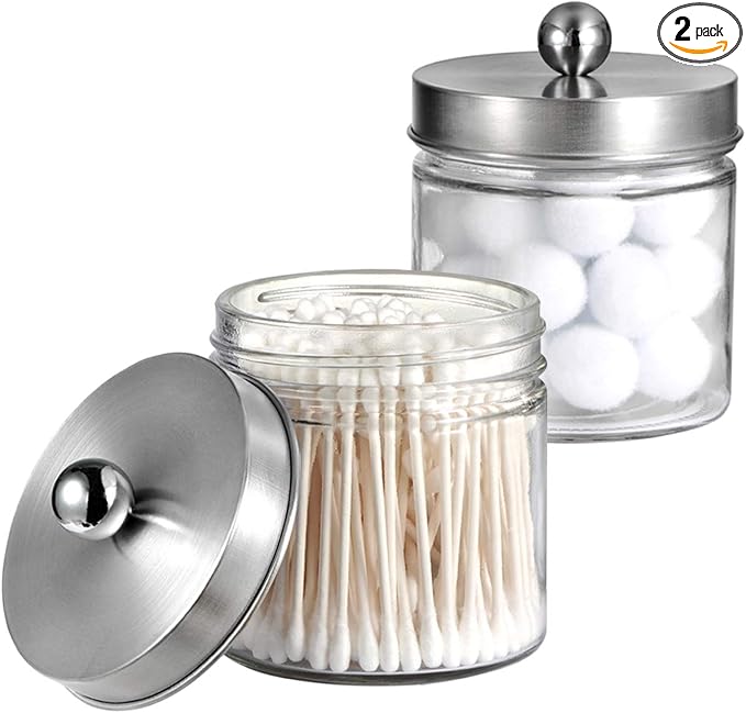 SheeChung Glass Mason Jar Qtip Holder Dispenser, Brushed Nickel Lids,2 Pack | Clear Apothecary Jar,Stainless Steel Lids,Small Bathroom Jars Canisters,Vanity Storage Organizer for Cotton Swabs,Balls,Floss