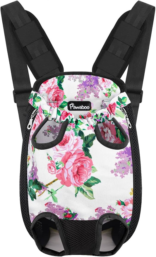 Pawaboo Pet Front Carrier Backpack for Small Medium Dogs | Legs Out Easy-fit,Adjustable Straps,Hands-Free,Soft Padded Support for Travel Hiking Cycling Camping,A-Flowers,S