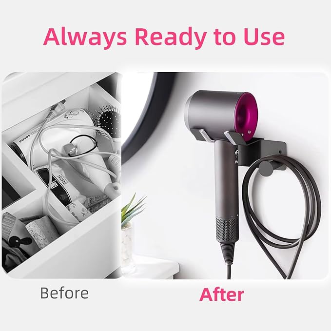 Hair Dryer Holder, Hair Dryer Holder Wall Mounted, Self Adhesive Blow Dryer Holder, Stainless Steel Hair Dryer Stand, Hairdryer Holder for Bathroom Black BANJEKT