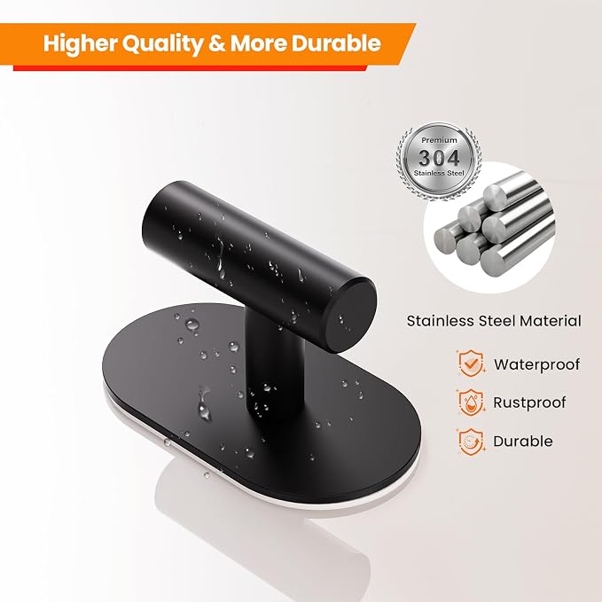 Aikzik Black Adhesive Hooks Heavy Duty, Wall Hooks for Shower, Bathroom, Towel, Coat, Robe, Stainless Steel Hooks for Hanging, Waterproof & Rustproof Sticky Hooks for Walls No Damage- 2 Pack