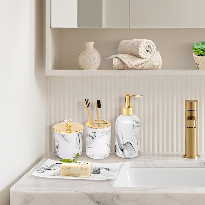Haturi Bathroom Accessories Set, 4 Pcs Marble Look Sets Soap Dispenser & Toothbrush Holder Counter Top Restroom Apartment Decor Stuff, Glass Kits, Gift for Women and Men, Ink White | Kit w/ Bathroom Soap Dispenser Set, Toothbrush Holder, Qtip Holder, S...