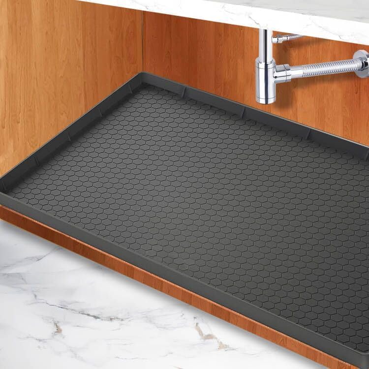 Under Kitchen Sink Mat 28" x 19", SAZTEAY Waterproof Silicone Under Sink Tray, Under Sink Protector Mat for Bathroom and Kitchen Cabinets(Black)