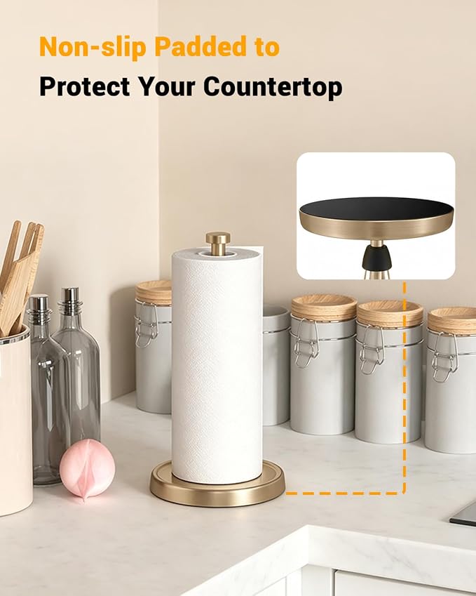 Paper Towel Holder Countertop, Gold Kitchen Accessories Decor, Stainless Steel, Weighted Base, Warm Gold, Paper Towel Roll Holder Stand with Ratchet Mechanism for Kitchen Bathroom Farmhouse Essentials