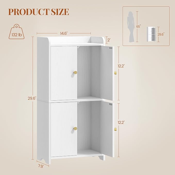 HEXCELEN Small Storage Cabinet, Bathroom Storage Cabinet with 4 Doors, Floor Bathroom Organizer Freestanding for Small Spaces, Living Room, Kitchen, Entryway (Modern Minimalism, White)
