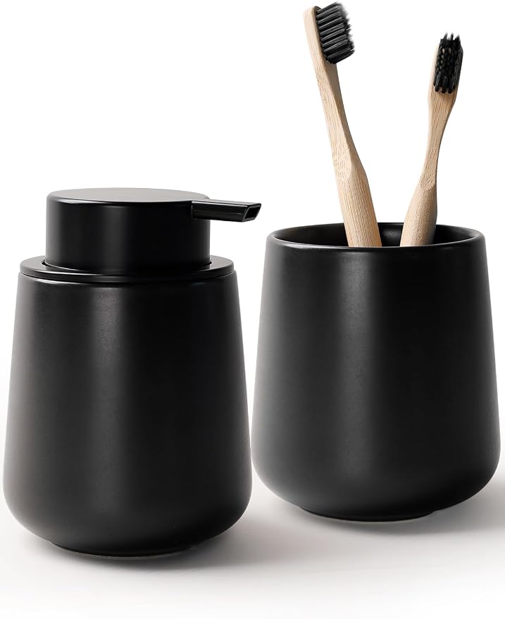 Bosilunlife Soap and Toothbrush Holder Set - Ceramic Bathroom Accessories Set Black Foaming Hand Soap Dispenser Set Bathroom Counter Toothbrush Holder and Soap Dispenser Set