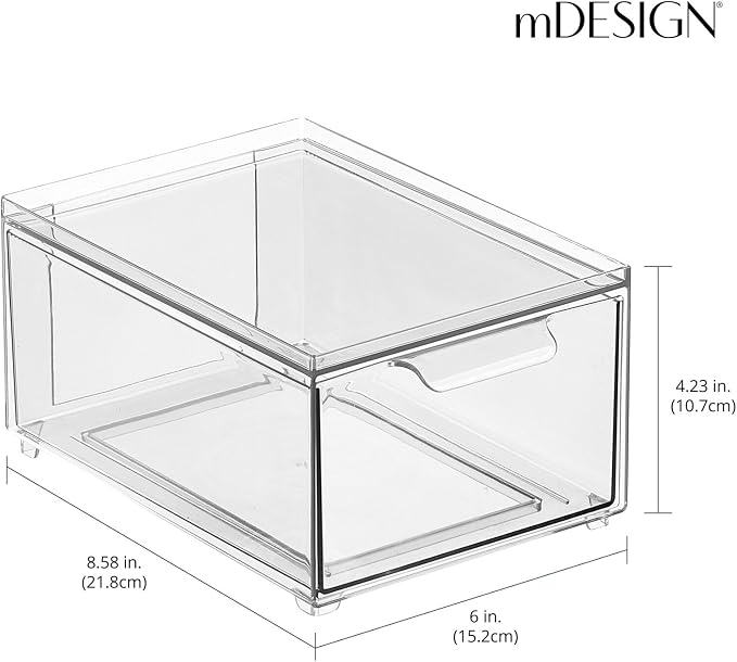 mDesign Plastic Bathroom Organizer Bin w/Pull Out Drawer - Slim Stackable Storage Container for Bathroom Accessories - Perfect for Organizing Bathroom Cabinet - Lumiere Collection - 4 Pack - Clear