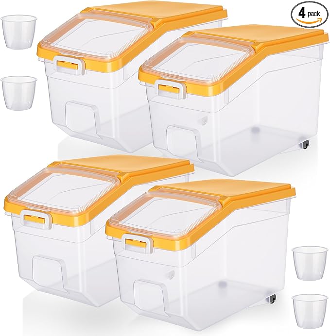 4 Pcs Rice Storage Container 28 lb Airtight Flour Container with Wheels Measuring Cup Clear Pet Dog Birds Cat Food Bin Grain Cereal Organizer Box for Dry Baking Supplies(Yellow Lid)