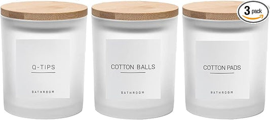 3PCS Modern 13.53oz Transparent Bathroom Canisters with 12 Labels & Wooden Lid Thick Glass Jar Set Qtip Holder for Cotton Ball & Pads Storage Organization Minimalist Decor