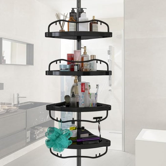 Shower Caddy,Shower Caddy Tension Pole with 4 ABS Baskets,Shower Storage Shelf with 56 to 125 Inch Adjustable Stainless Pole for Bathroom Black