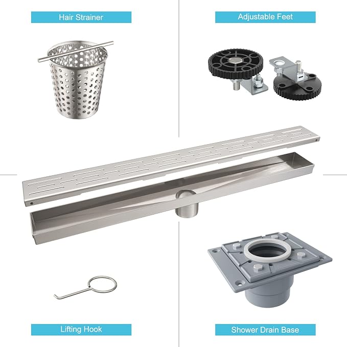 Shower Drain by EMBATHER Linear Shower Drain 18 Inch Floor Drain with Removable Quadrato Pattern Grate CUPC Certified, 304 Stainless Shower Drain Base Hair Strainer and Leveling Feet