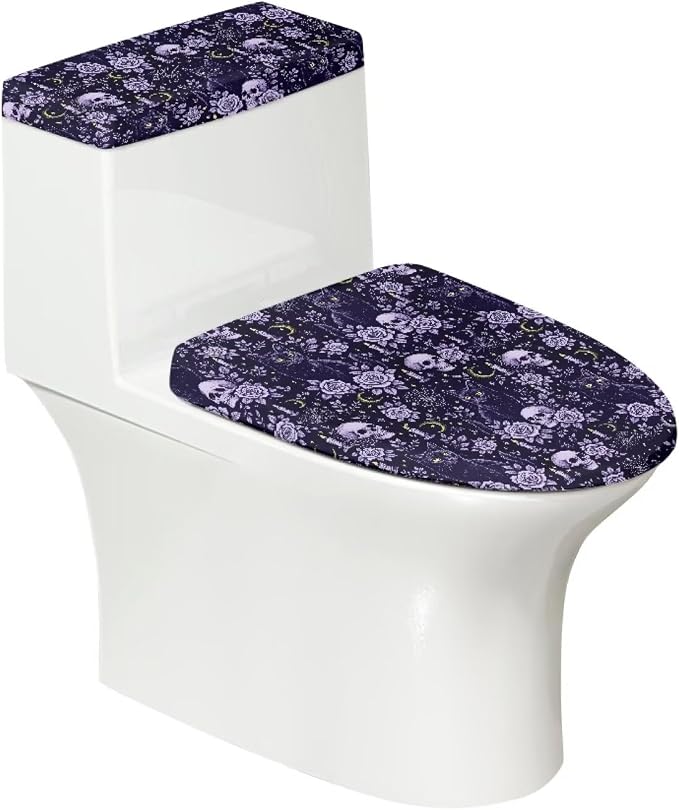 Skeleton Toilet Seat Lid Covers for Bathroom, Gothic Toilet Tank Cover Set with Retractable Belt Holiday Halloween Decor