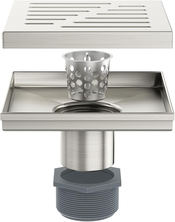 6 Inch Square Shower Drain, EMBATHER 304 Stainless Shower Floor Drain and Shower Drain Cover Included Hair Catcher and Leveling Feet, Brushed Nickel