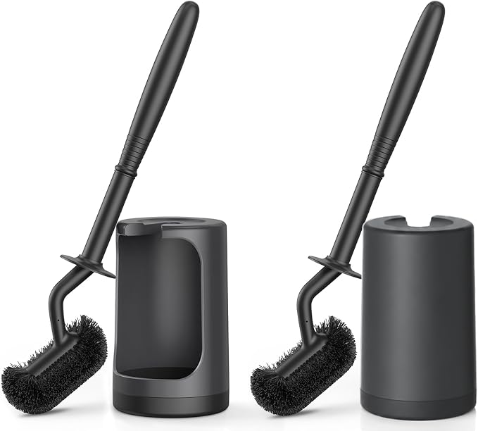HAMITOR Toilet Bowl Brush Holder Set: Curved Design with Holder for Deep Cleaning Under Rim - Compact Hidden Cleaner Scrubber for Small Space - Home RV Bathroom Accessories - Black 2 Pack