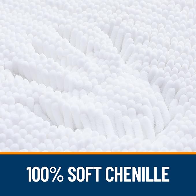 OLANLY Chenille Bathroom Rugs Mats Sets 2 Piece, 59"x20"+30"x20", White | Ultra Soft Absorbent Bath Rugs Set, Rubber Backing Non-Slip, Quick Dry, Machine Washable Bath Carpet, Home Decor Accessories