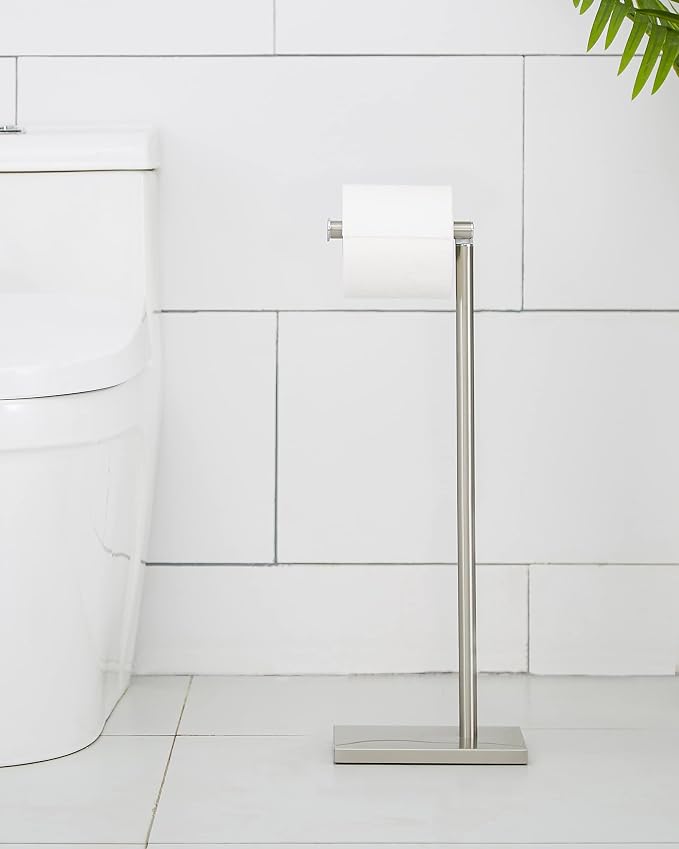 Toilet Paper Holder Stand, Free Standing Toilet Paper Roll Holder with Reserve for Bathroom, Stainless Steel DECLUTTR