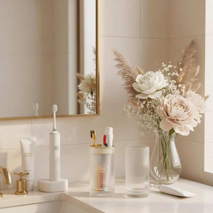 Toothbrush Holders for Bathrooms, 2pcs Clea Glass Toothbrush Holder and 14oz Bathroom Tumbler, Gold Tooth Brush and Toothpaste Holder Organizer Cup for Bathroom Vanity Countertop Decor
