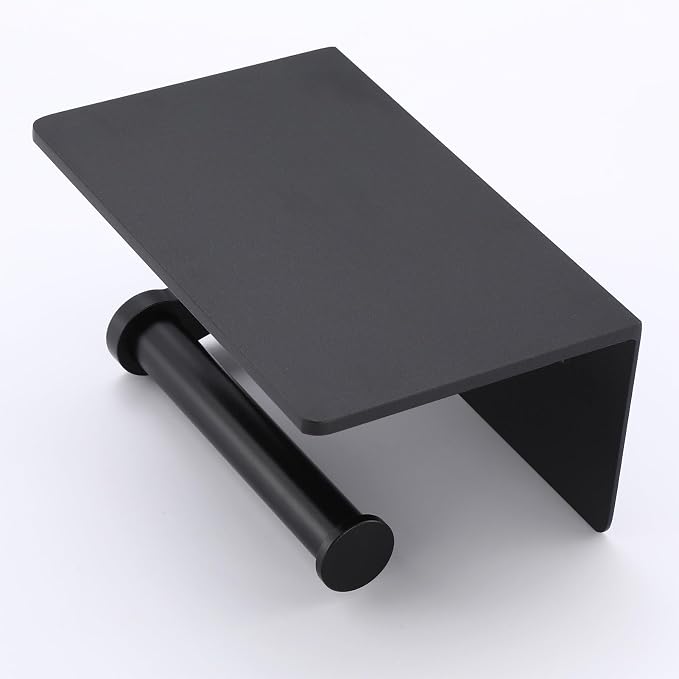 Toilet Paper Holder with Cell PhoneShelf - Toilet Tissue Holder with Wipes Storage, Wall Mounted by Adhesive Tape or Screw - Matte Black