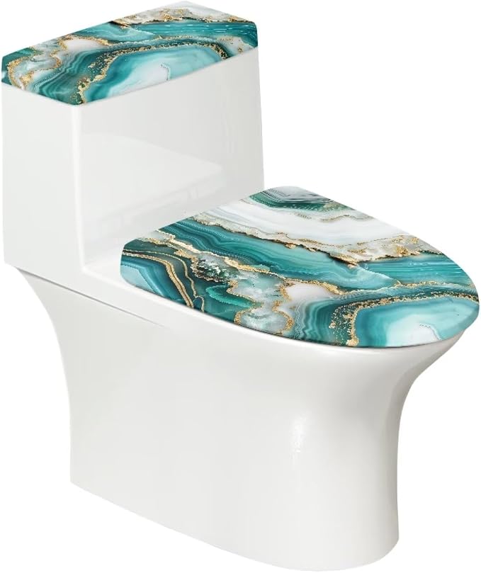Green Marble Toilet Lid Cover Set of 2 Pack Tank Lid Covers Soft Fit Most Round and Elongated Keep Bathroom Clean