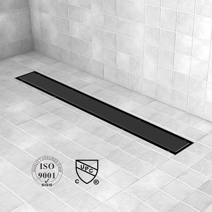 Linear Shower Drain, 48 inch Black Drain with Tile Insert 2-in-1 Panel, Brushed 304 Stainless Steel Shower Floor Drain, Linear Drain with Hair Strainer and Adjustable Feet