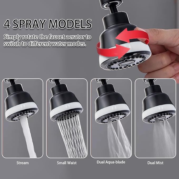 Faucet Aerator Faucet Sprayer Attachment, Kitchen Faucet Head Replacement with 4 Spray Modes, 360° Swivel Faucet Extender Anti-Splash Sink Sprayer Faucet Nozzle Head (Diamond, Black)