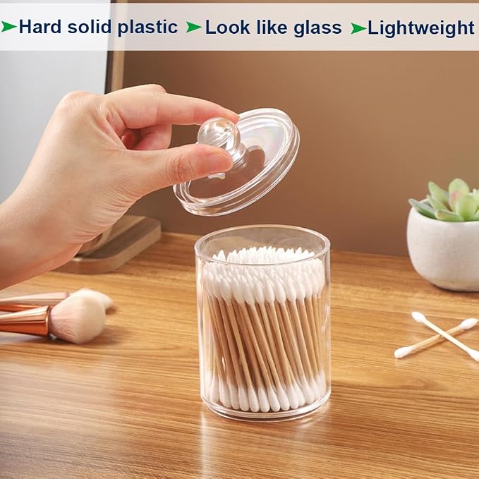 Swab Holder Canisters with Lid, Bathroom Qtip Dispenser Apothecary Jars, Clear Plastic Cotton Ball Pad Container for Cotton Swabs, Q-Tips, Make Up Pads, Cosmetics