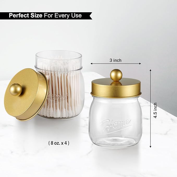SheeChung 4 Pack Acrylic Mason Jar Qtip Holder Dispenser with Labels, Gold | Small Plastic Apothecary Jars,Vanity Canisters for Cotton Swabs,Balls,Floss Picks,Bathroom Storage Organizers,Farmhouse Decor