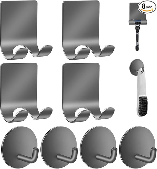 Diesisa Razor Holder for Shower + Adhesive Wall Hooks, Premium 304 Stainless Steel Shower Razor Holder with Heavy Duty Waterproof Sticky Hooks for Hanging Towels, Coat, hat (4+4 Pack) - Grey