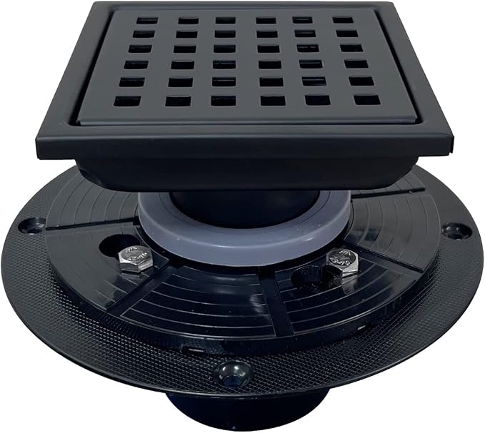4" Matte Black Shower Floor Drain Square for Bathroom Kitchen Removable Grill Plate Cover with Flange Kit, Sus304 Stainless Steel Finish