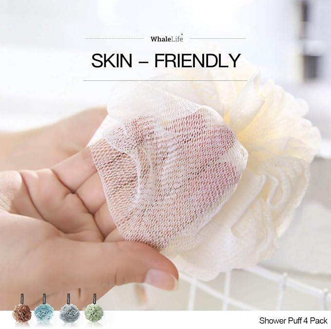 Loofah Sponge Bath Sponge for Women Men 4 Pack (Borwn Blue Gray Green) | 10X Suds Save Body Wash Double Knotted Anti Tear Core Fast Dry Cotton Loop Stay Fresh Large Mesh for Sensitive Skin