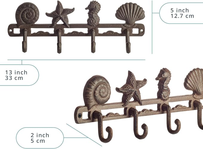 Comfify Rust Brown Seashell Cast Iron Wall Hook Rack – 4 Hooks, 13.5" | Rust Brown; 2 seashells + starfish + seahorse; 4"H x 13.5"L; cast iron; includes screws and anchors; coastal decor