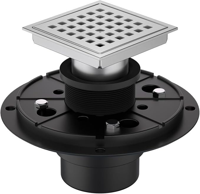 4-3/8 Inch Square Shower Floor Drain Brushed Stainless Steel Drain Kit with Flange, Removable Grid Cover, Hair Strainer