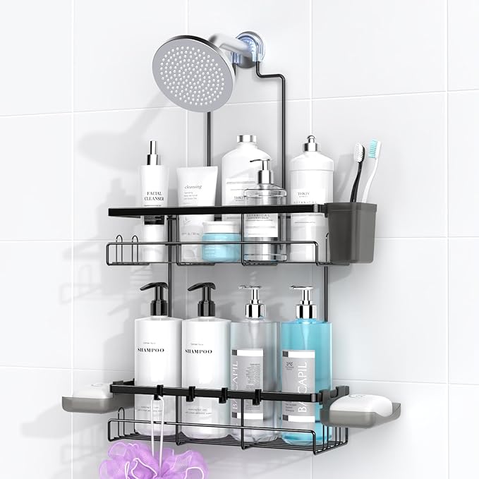 Hanging Shower Caddy Over Showerhead - Rustproof No Drill Shower Organizer | Includes Soap Holder and Hooks for Shampoo, Conditioner, and Bathroom Essentials with Quick Drainage Design