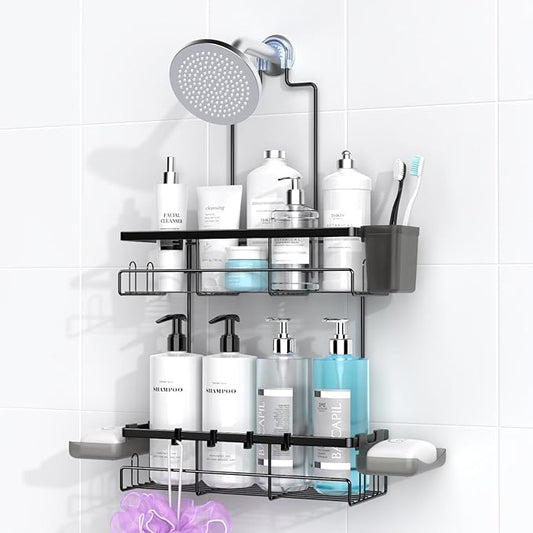 Hanging Shower Caddy Over Showerhead - Rustproof No Drill Shower Organizer | Includes Soap Holder and Hooks for Shampoo, Conditioner, and Bathroom Essentials with Quick Drainage Design