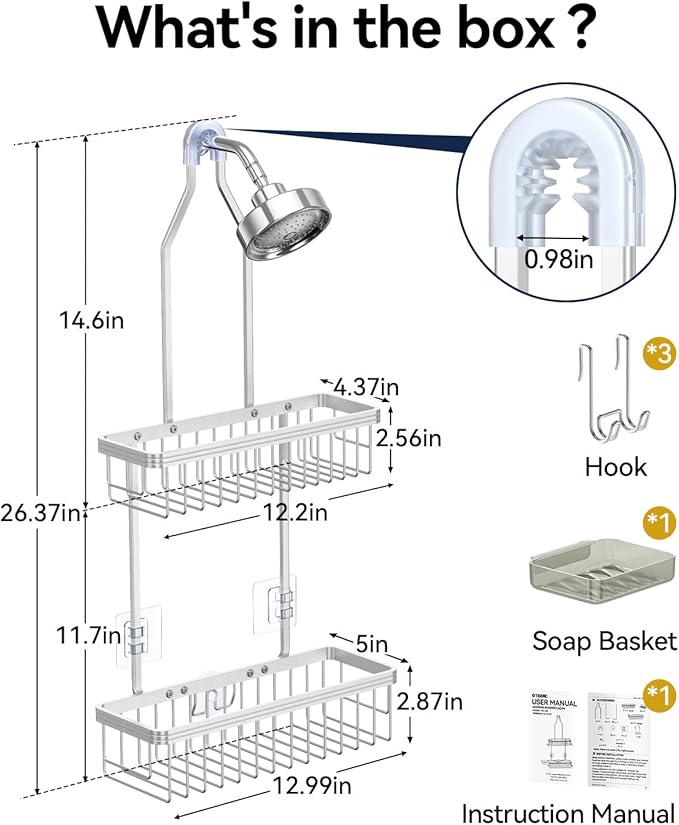 YASONIC Never Rust Shower Caddy Hanging, Aluminum Shower Racks for Inside Shower, 2-Tier Shower Organizer Hanging Over Shower Head with Hooks and Soap Holder, Silver