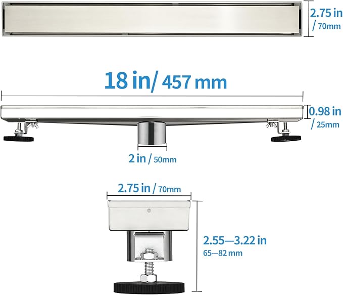 Linear Shower Drain ，18 Inch Brushed 304 Stainless Steel Rectangle Shower Floor Drain，with Reversable Tile-inPattern Drain Cover & Hair Catcher, Adjustable Feet
