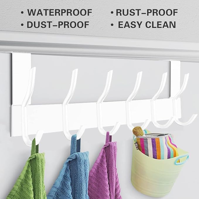 Over the Door 6 Hooks Hanger, White Door Hook for Hanging, Clothes Hooks for Bathroom, Hook Rail