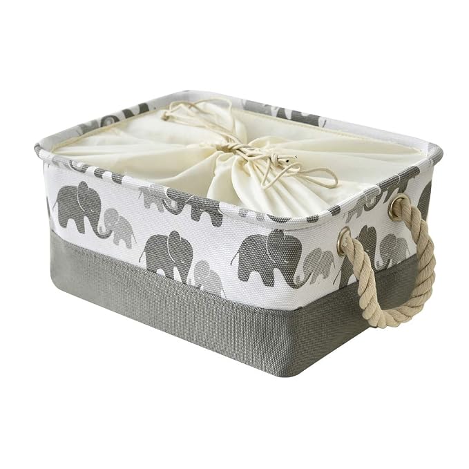 Storage Bins,Fabric Storage Baskets Towel Storage Bin Laundry Toy Basket w Drawstring Closure,Gray Elephant