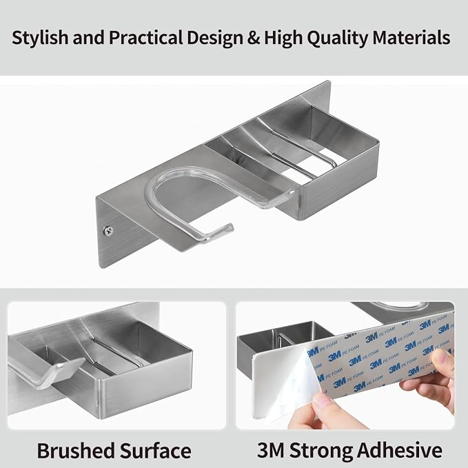 Hair Dryer Holder Wall Mounted, Stainless Steel Blow Dryer Holder for Bathroom, Hair Dryer and Straightener Holder Adhesive or Drilling, Hair Tool Organizer for Salon Barber Shops Banjekt