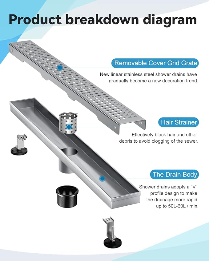 Shower Drain, Linear Shower Drain 42 Inch(Brushed Nickel),Modern 304 Stainless Steel Shower Floor Drain with Grate Removable, Adjustable Leveling Feet, Rectangular Drain Shower