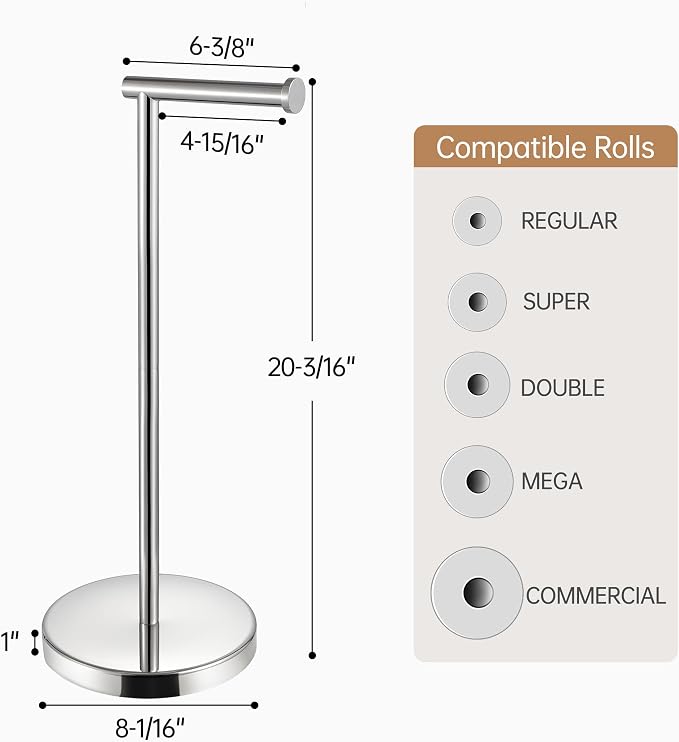 KES Freestanding Toilet Paper Holder with Weighted Base, Polished Silver | 304 Stainless Steel, Cement-Filled Base, Anti-Slip Pad, 20.2" H, Fits All Roll Sizes, Easy 1-Min Assembly