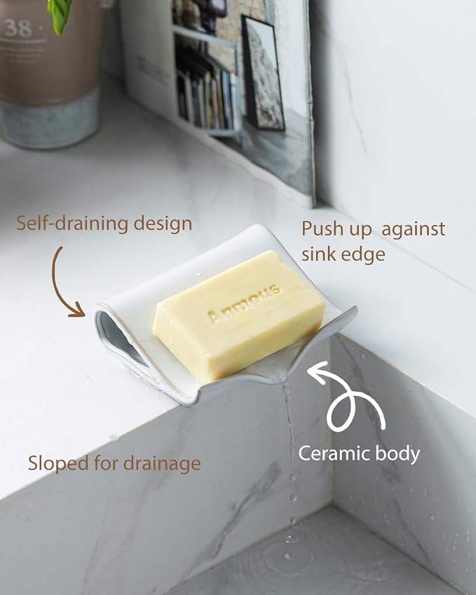 Zoeeker Soap Dish for Shower, Ceramic Self-Draining Bar Soap Holder | Soap Tray with Drainage Rectangular Bar Soap Saver Sponge Holder for Bathroom, Kitchen, Sink Organizer Tray Keep Dry, White