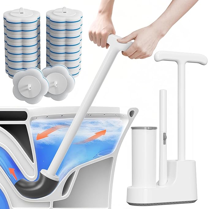 Disposable Toilet Brush and Plunger Set, Dual Handdle Toilet Plunger, All-in-1 Bathroom Cleaning Kit with 18PCS Refills, Toilet Cleaning Stick and Ventilated Holder