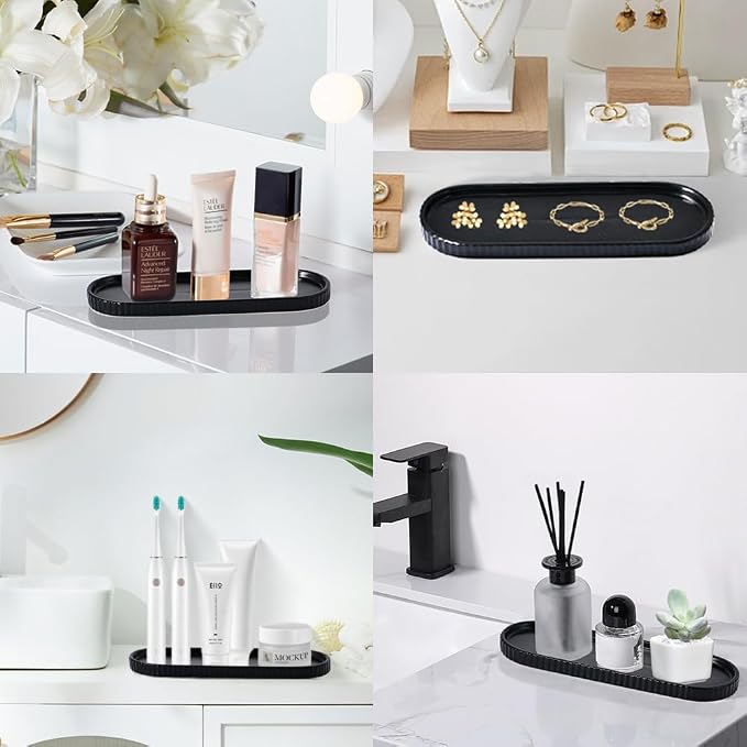Black Bathroom Accessories Set, 4PC Ceramic Bathroom Sets Complete-Toothbrush Holders, Soap Dispenser, Vanity Tray, Toothbrush Cup, Sleek Black Bathroom Decor, Housewarming Gifts