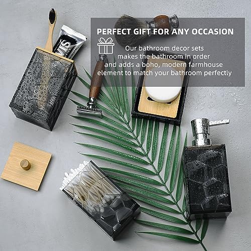 GAHEFY Black Grey Bathroom Accessories Set, Toothbrush Holder, Soap Dispenser, Cotton Swabs Holder, Soap Dish, Toilet Brush with Holder, Black Bamboo Bathroom Decor,Acrylic